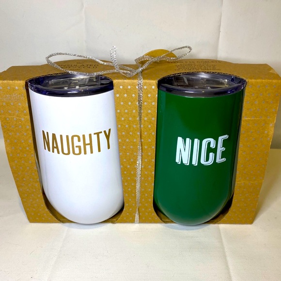 Cantini Set 2 Stainless Steel Wine Tumblers NWT Christmas Naughty Nice Glasses - Picture 2 of 6